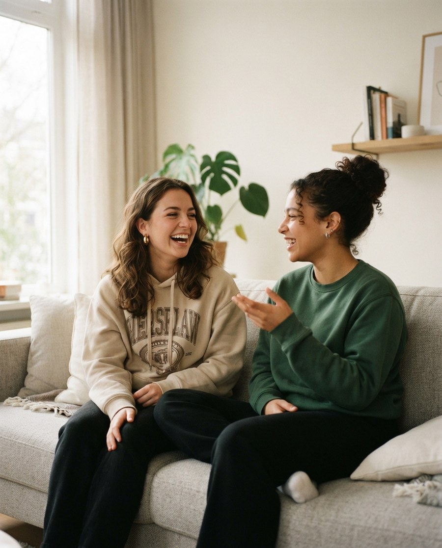 Two women laughing together on a pale sofa in a plant-filled living room, one turned toward the other mid-conversation