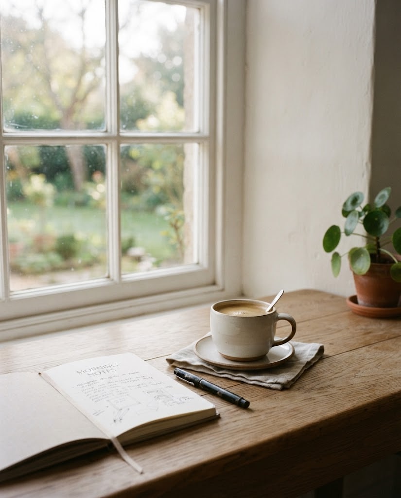 A sunlit windowsill with a cup of coffee on a saucer beside an open handwritten notebook and a pen, a garden visible through the panes