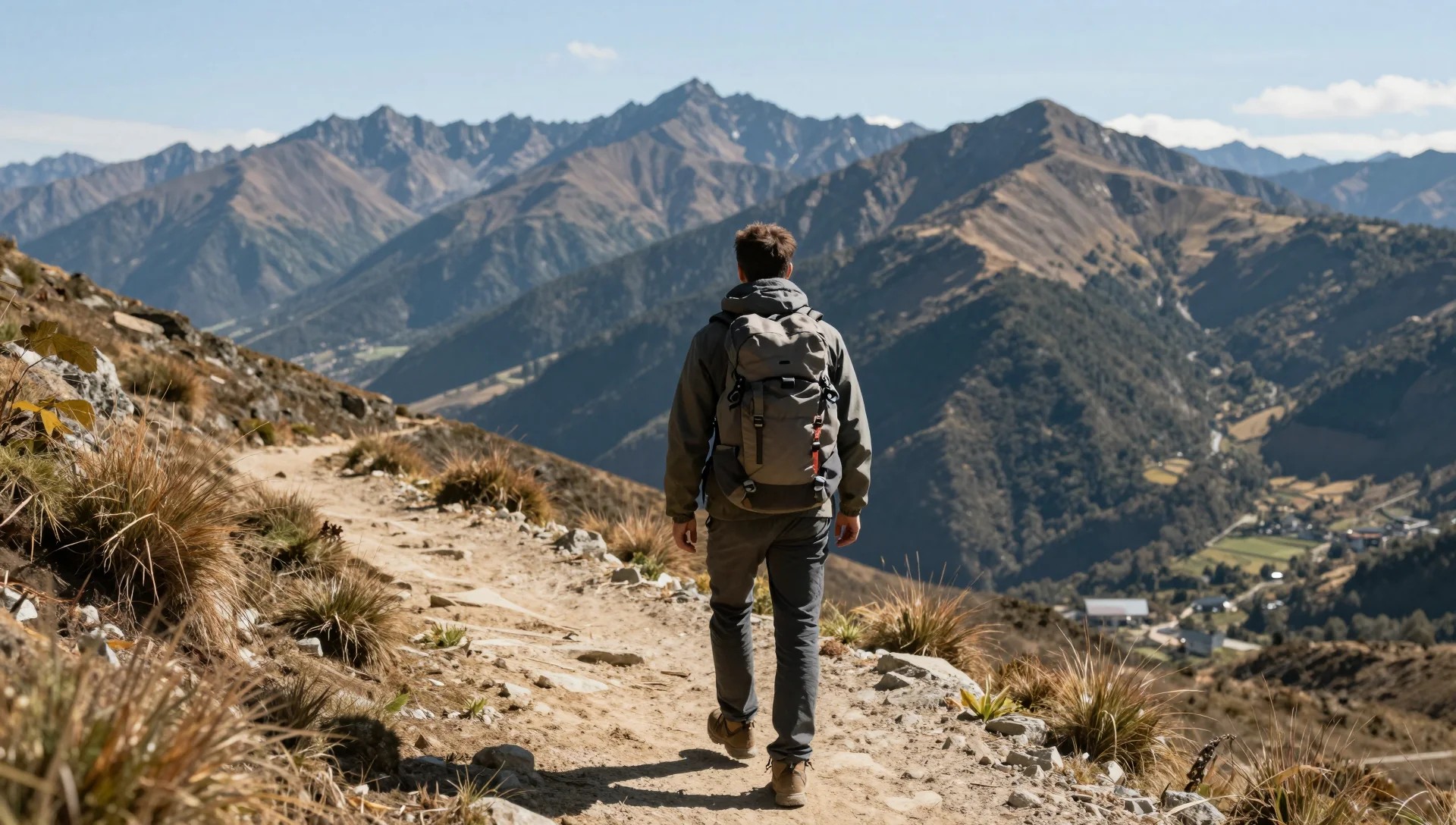 A solitary figure on a mountain trail under a wide open sky — cinematic AI-rendered vista
