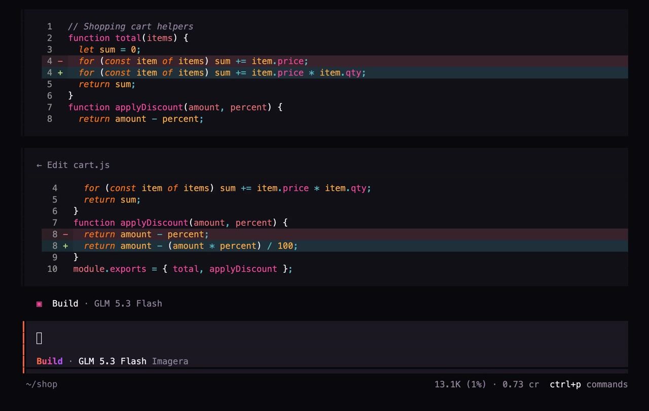 Terminal recording: the agent reads cart.js, fixes two bugs and the tests pass