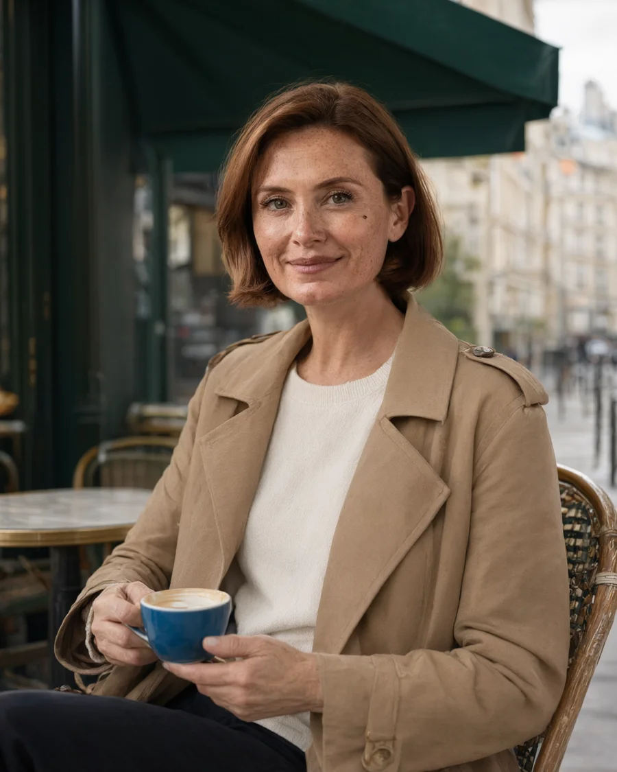 The same chestnut-bobbed woman from the reference, now wearing a camel coat at a Parisian café