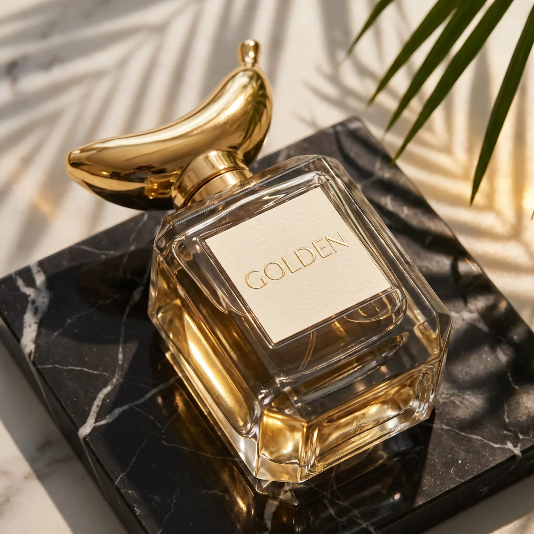 Gold perfume bottle with a sculptural gold cap in sunlit leaves