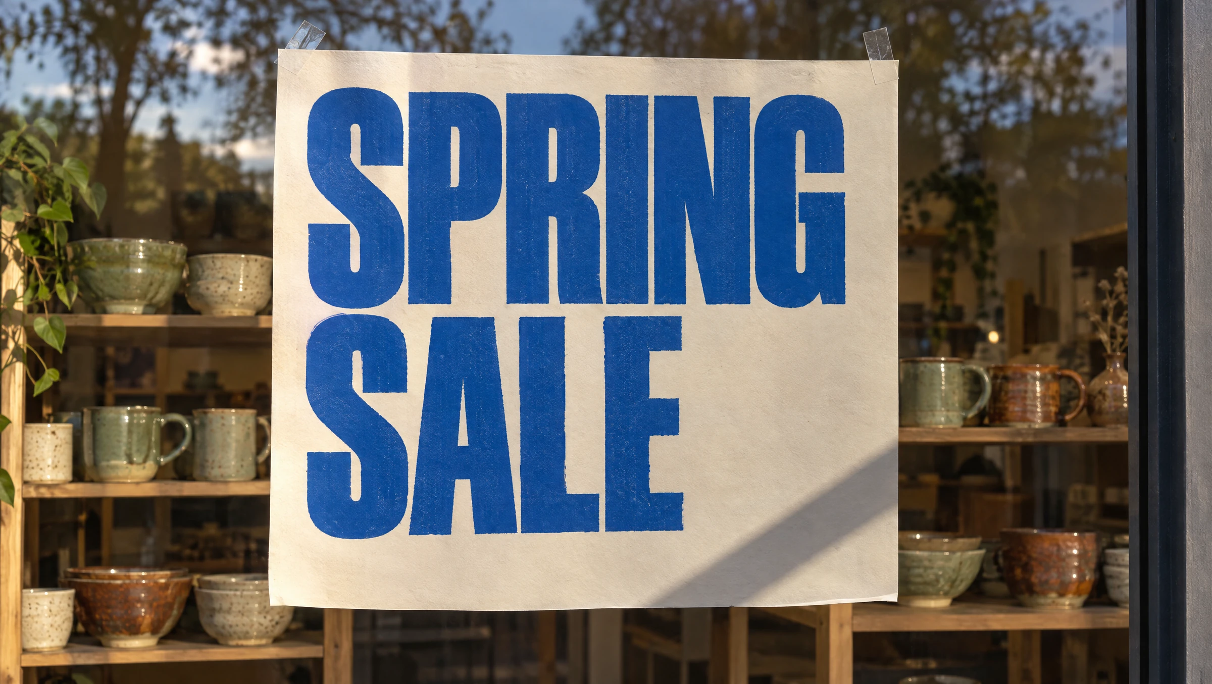 Generated illustration: a screen-printed poster reading SPRING SALE in cobalt-blue condensed capitals, taped inside a ceramics studio window