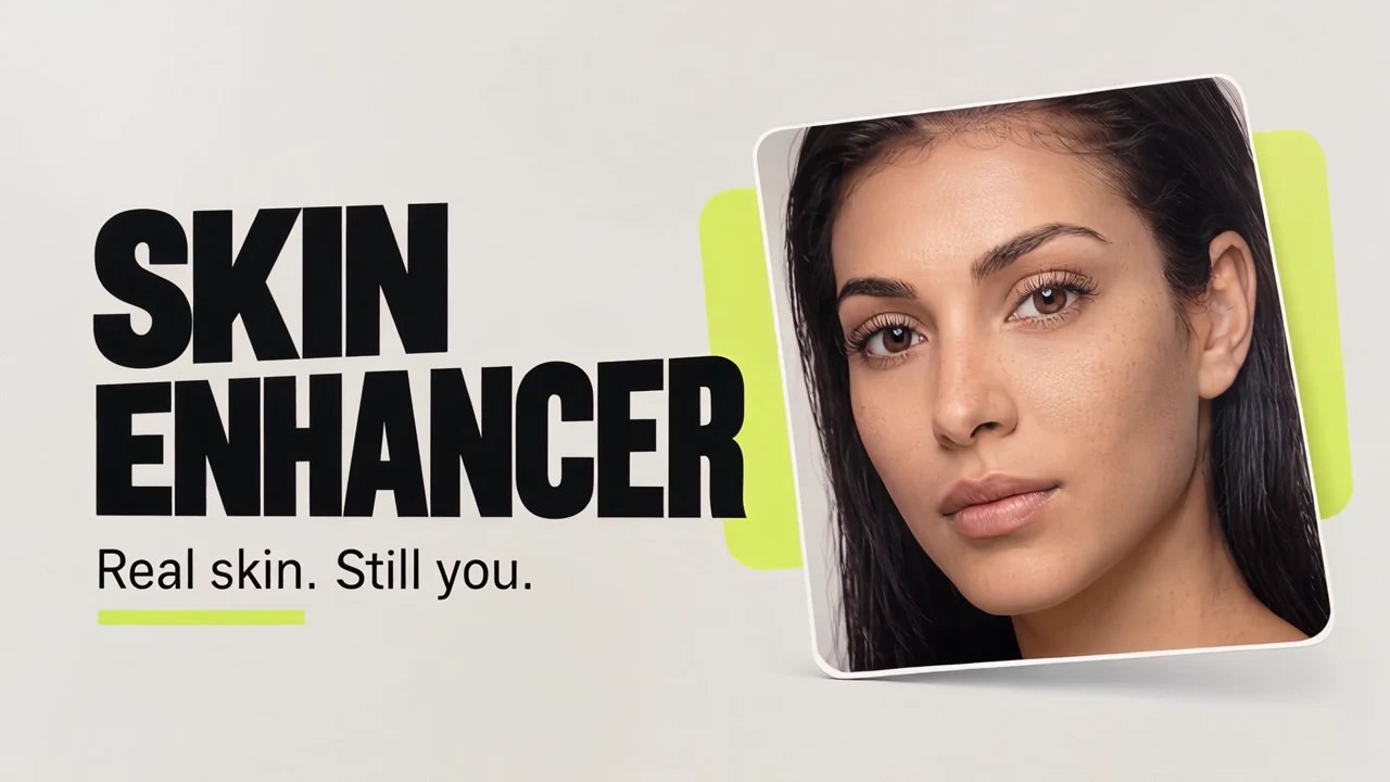 Finished Skin Enhancer showcase concept with bold type and a portrait