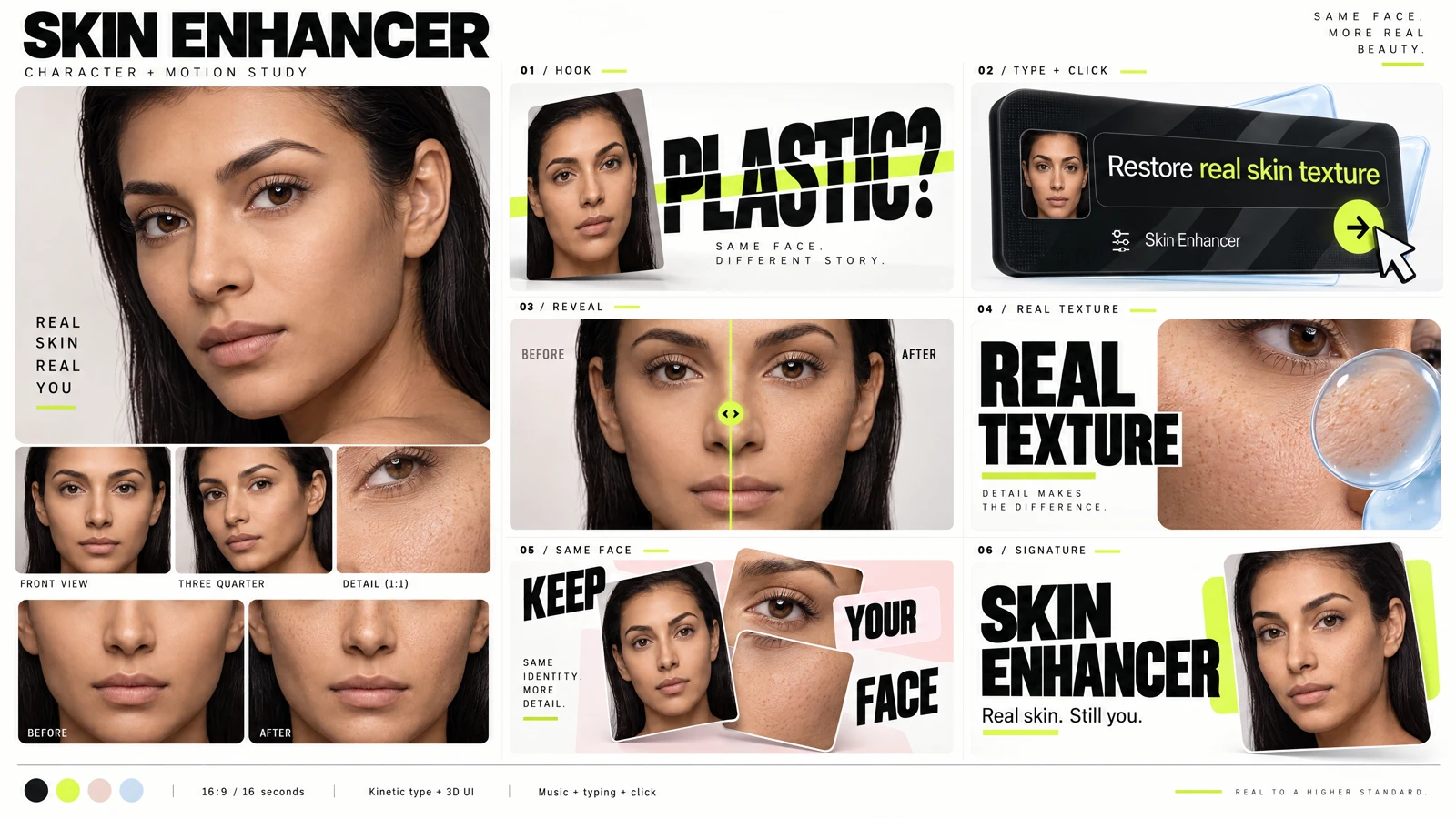 Skin Enhancer character and motion sheet with identity anchors and six designed ad keyframes