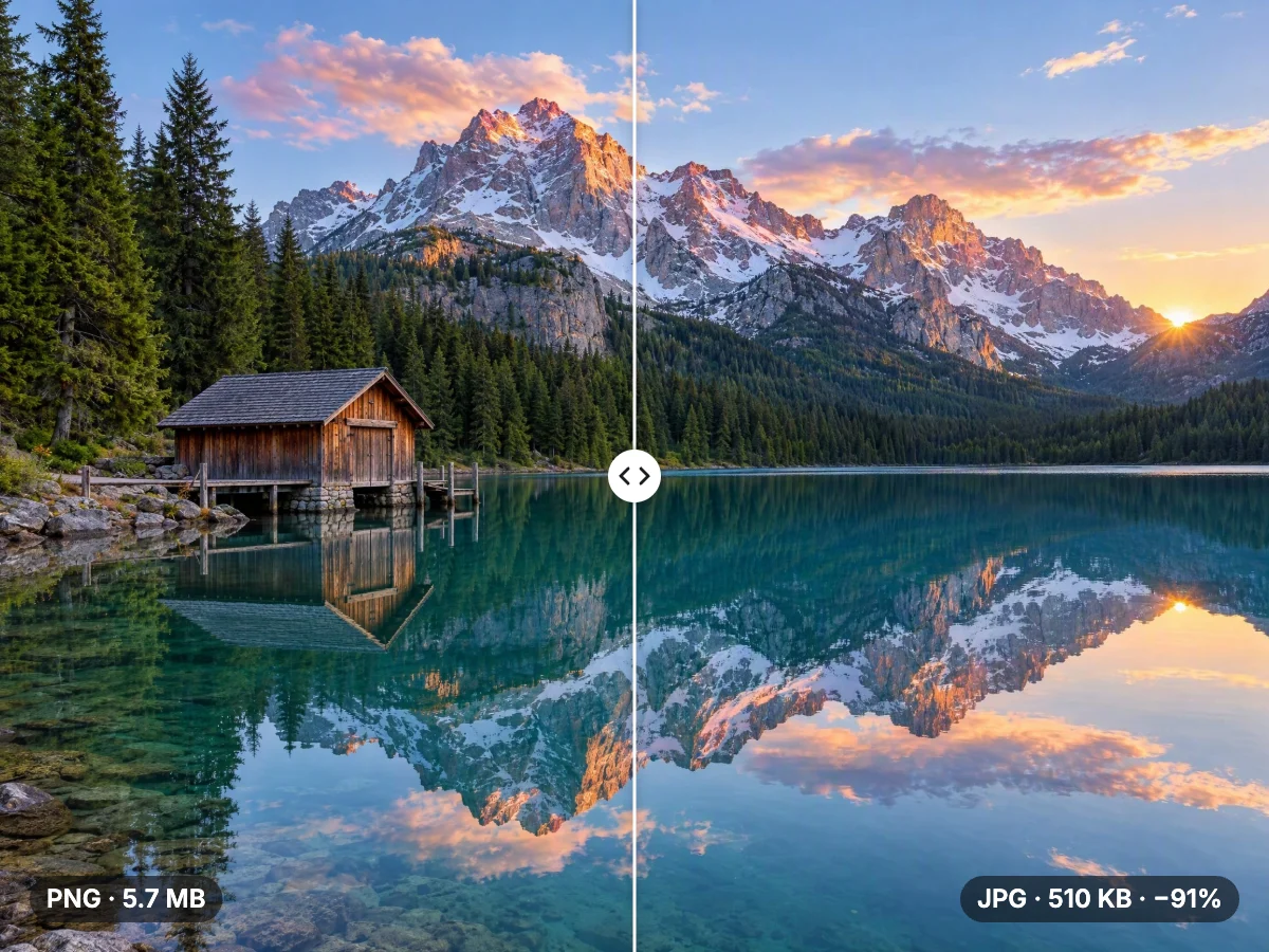 Alpine lake at sunrise shown as a 5.7 MB PNG and as the 510 KB compressed JPG, 91% smaller and visually identical