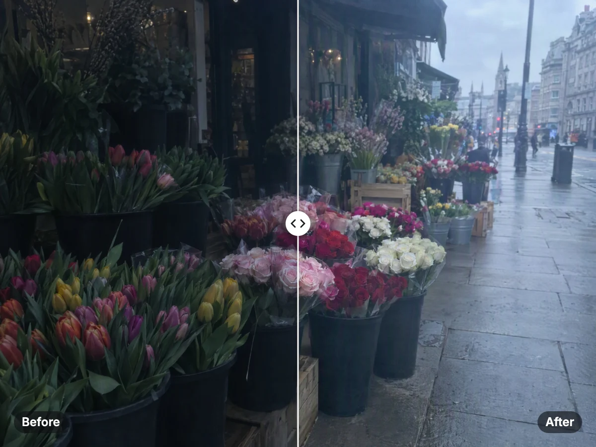 Dull, underexposed street flower stall on the left; brighter, balanced colours after enhancing on the right