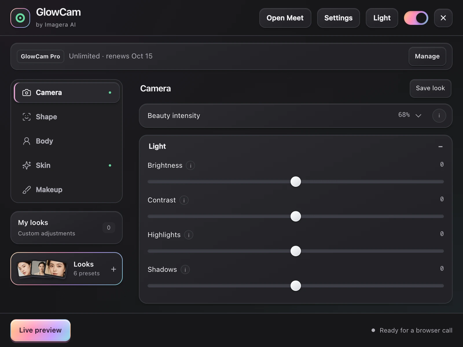 GlowCam's redesigned extension, showing its portrait look library and compact controls