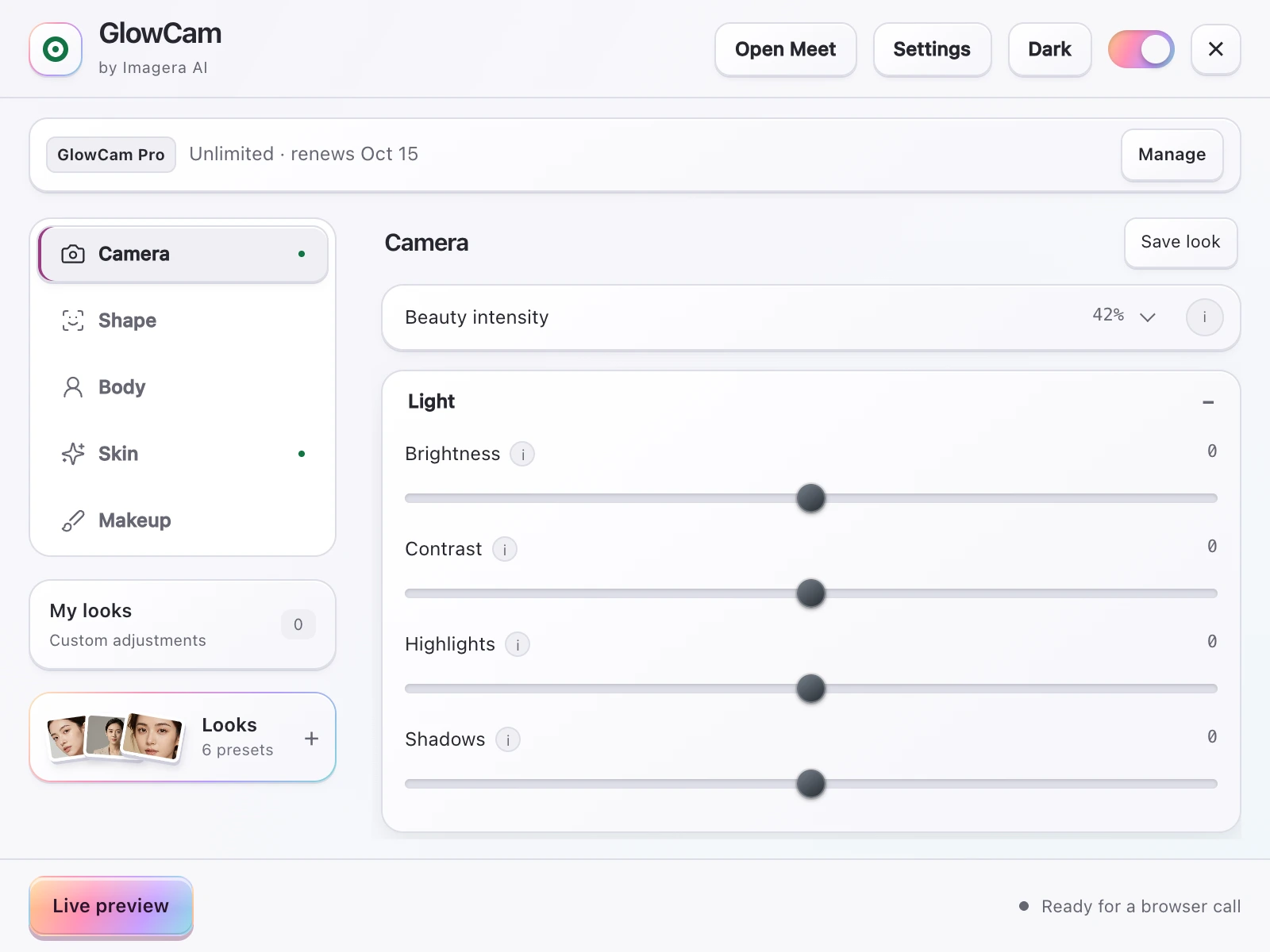 Screenshot: the GlowCam extension's Camera panel with a beauty-intensity control and brightness, contrast, highlight and shadow sliders