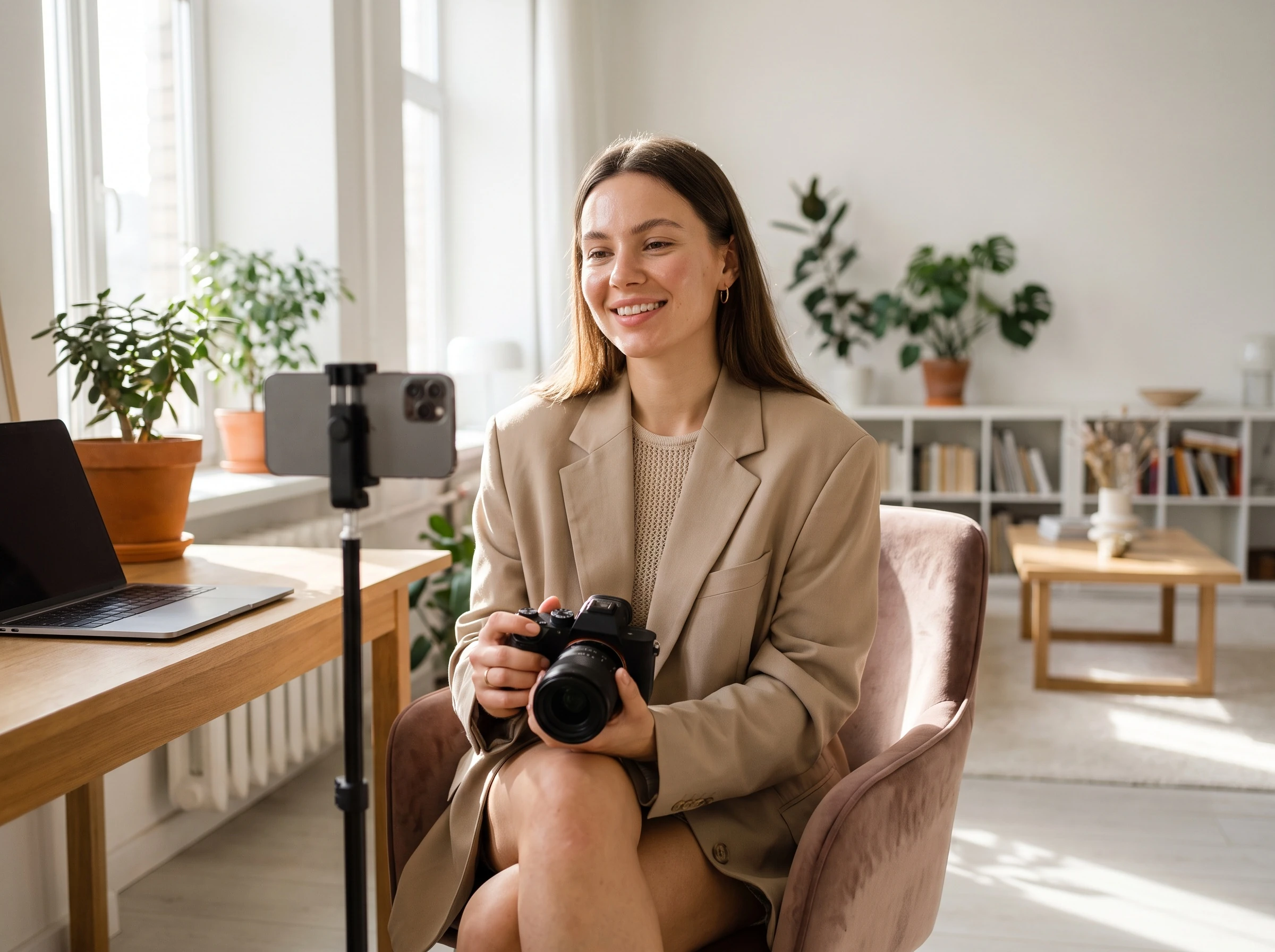 Consistent AI influencer face generated by Imagera — the same trained identity used across multiple on-model photos