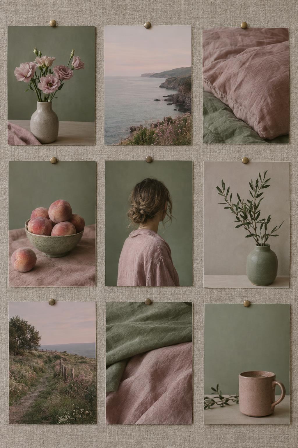 Moodboard of nine photographs sharing one dusty-rose and sage palette, with a new photo in the centre matching the set