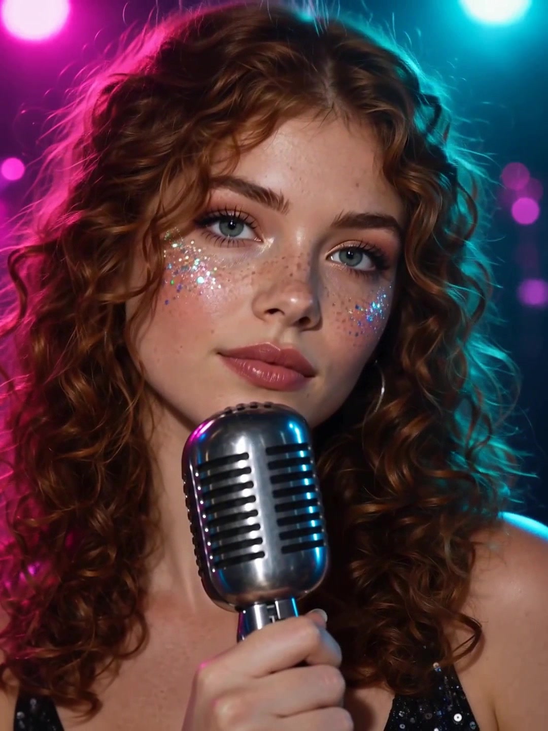 A woman with curly auburn hair and glitter on her cheeks holding a vintage microphone under pink and teal stage lights