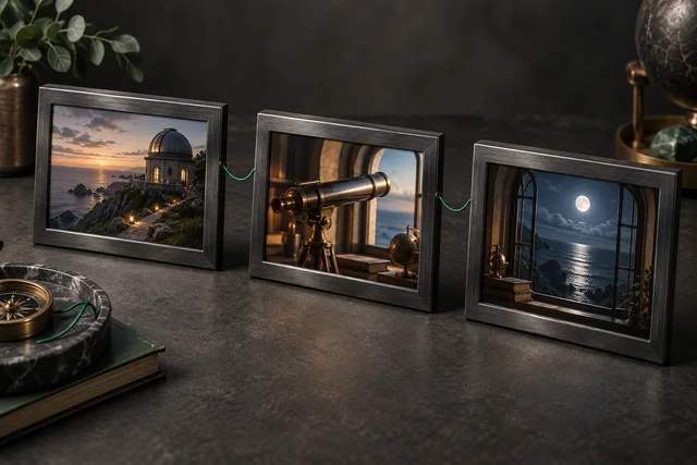Original storyboard illustration with connected frames of a coastal observatory, telescope and moonlit ocean