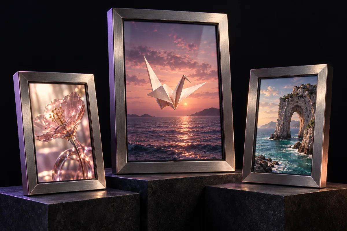 Three sculpted gallery frames holding a paper crane, glass flower and coastal arch
