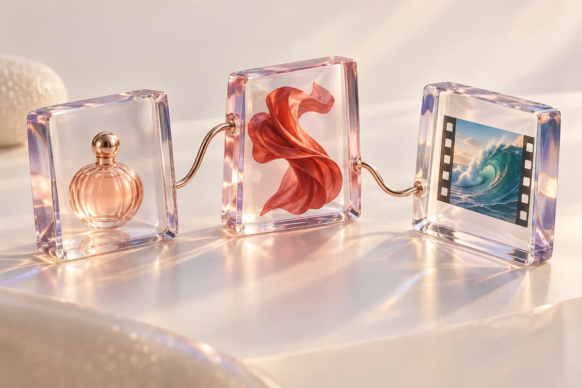 Three sculptural glass image plates connected by a rose-gold cable, illustrating a creative workflow