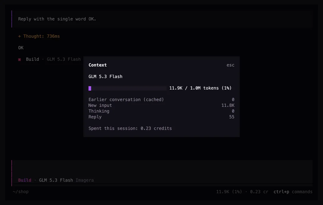 Terminal: the context dialog with tokens used and credits spent