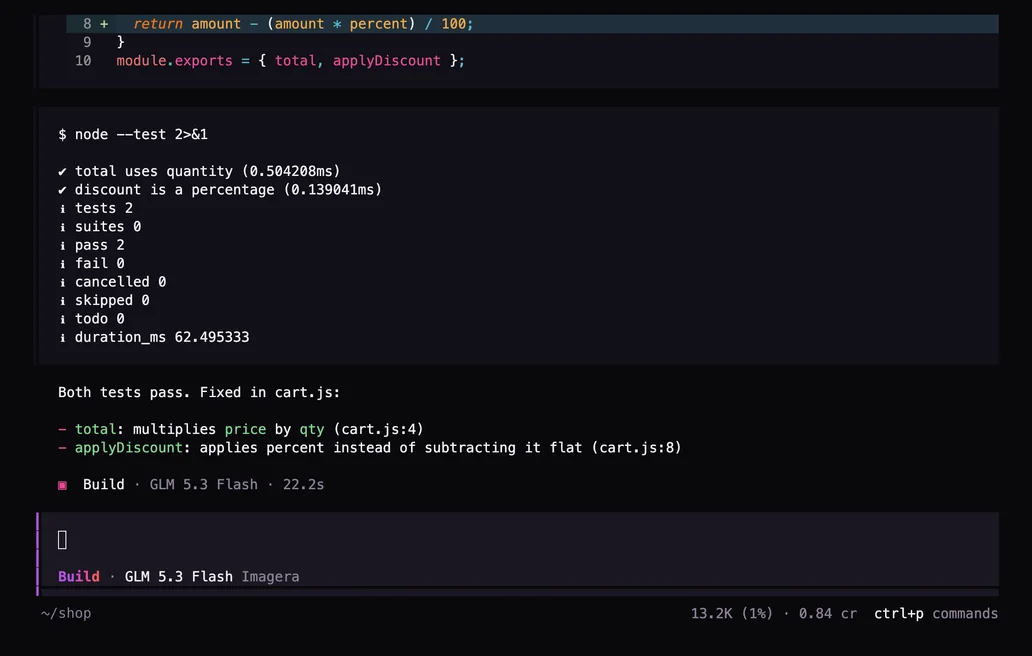 Terminal after the prompt: The tests fail. Run node --test, fix the bugs in cart.js, then run the tests again.