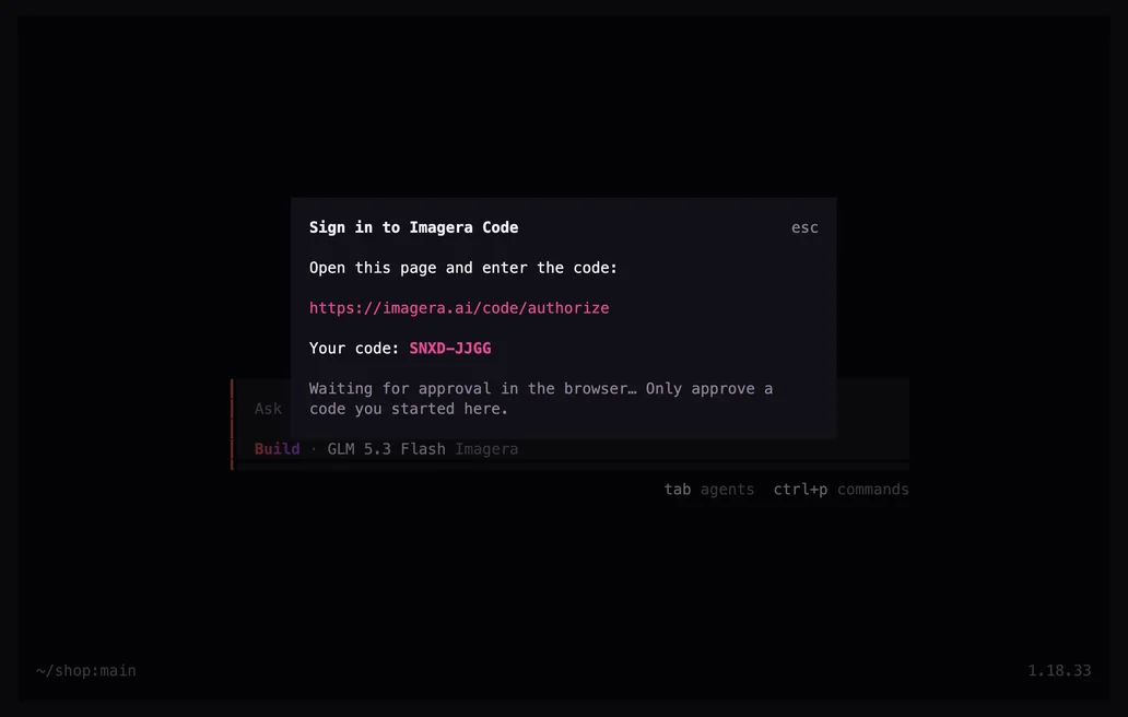 Terminal: the sign-in dialog with the code to enter in the browser