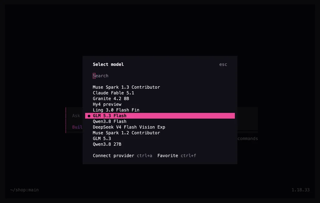 Terminal: the model picker with GLM 5.3 Flash selected