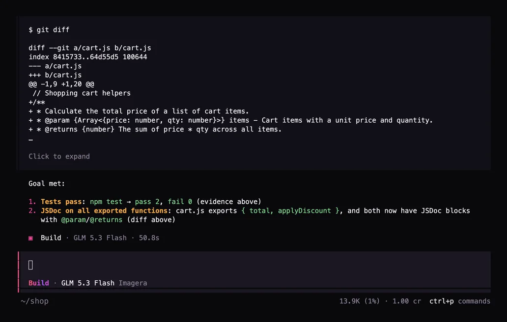 Terminal after the prompt: /goal npm test passes and every exported function has a JSDoc comment
