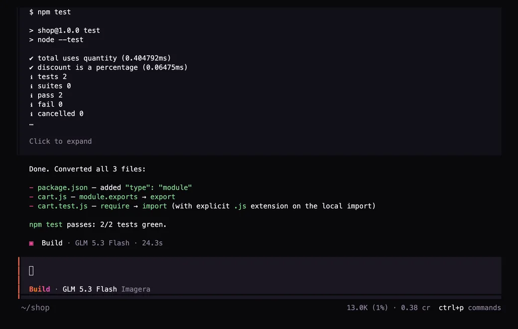 Terminal after the prompt: Convert this project from CommonJS to ES modules (package.json type module), then run npm test.