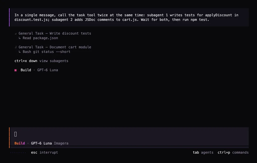 Terminal: two subagents working at once after the prompt "In a single message, call the task tool twice at the same time: subagent 1 writes tests for applyDiscount in discount.test.js; subagent 2 adds JSDoc comments to cart.js. Wait for both, then run npm test."