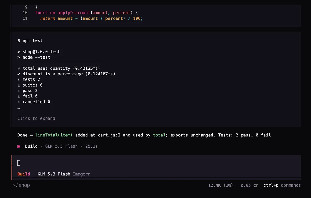 Terminal after the prompt: Refactor cart.js: add a lineTotal(item) helper used by total, keep the exports the same, then run npm test.