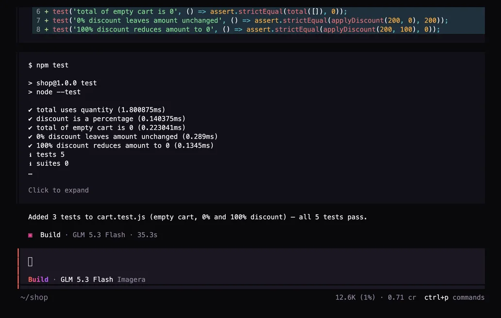 Terminal after the prompt: Add tests for the edge cases in cart.js (empty cart, 0% and 100% discount), then run npm test.