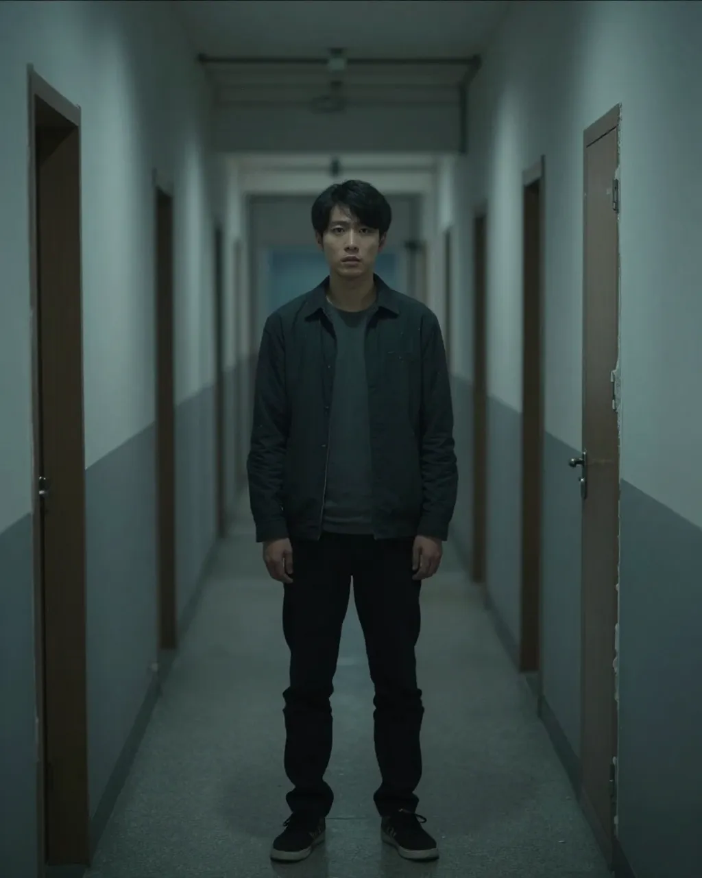Vertical frame generated from the Netflix documentary parody posts shot list: a person alone in a dim hallway, documentary lighting